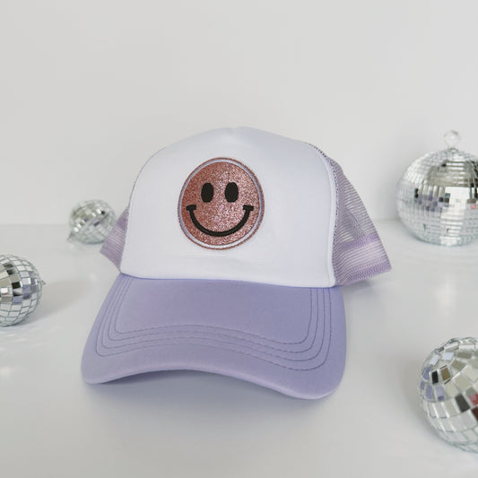 PURPLE SMILEY TRUCKER HAT